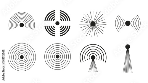 Collection of radar antenna icons and circular signal diagrams illustrating wireless signal patterns and geometric concentric rings.