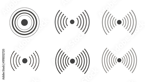 Collection of wireless signal icons in circular ripples with six designs.