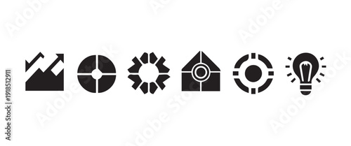 Collection of six modern geometric icons including graph, gear, house, target and light bulb.
