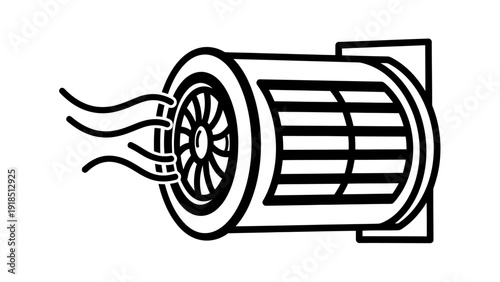 Stylized illustration of a rocket engine with exhaust flames and cylindrical body.