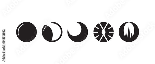 Set of five icons representing phases of moon cycle from full moon to crescent and stylized eclipse.