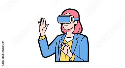 Woman using virtual reality headset with gesture control.