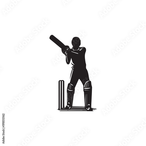 Cricket player silhouette batting stance with pads and bat near stumps, game action