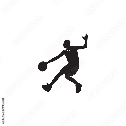 Basketball player silhouette in action dribbling ball, dynamic pose, sports concept, graphic design, isolated on white background