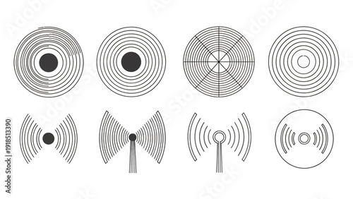 Abstract Wireless Signal Icons Featuring Concentric Circles and Radiating Waves.
