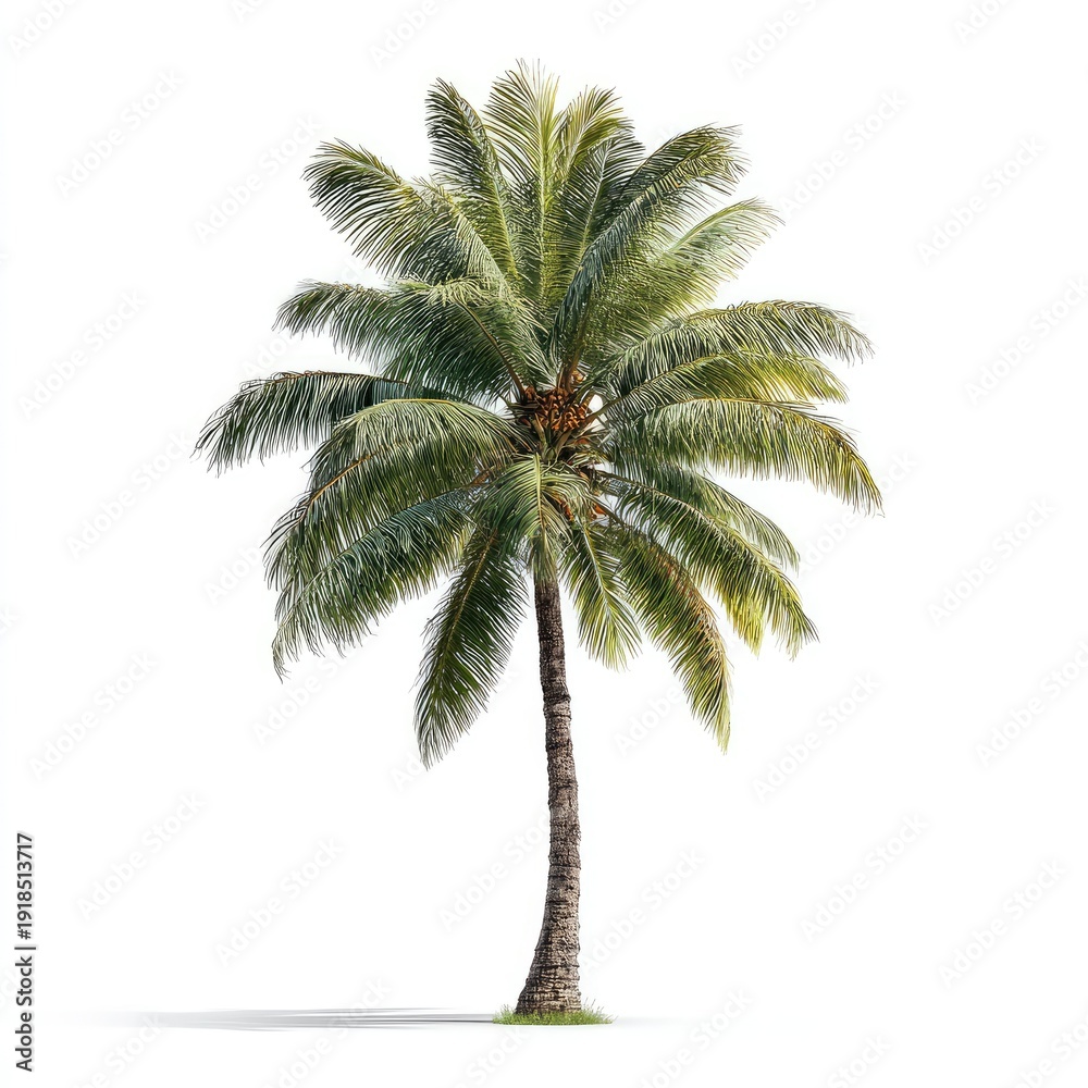Obraz premium A single, mature tropical palm tree with green fronds and a textured trunk, on white