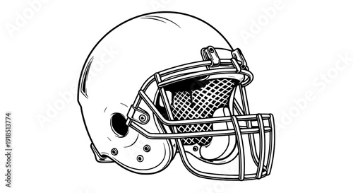 Illustration of a football helmet with protective gear and face mask, viewed from the side