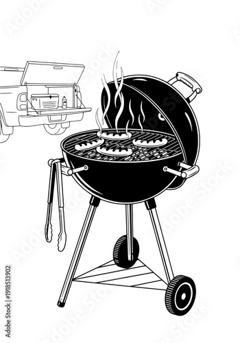 Barbecue grill with sizzling meat on a portable outdoor charcoal bbq