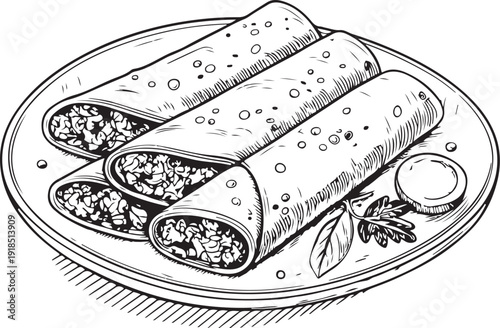 Enchiladas on Plate Hand-drawn Sketch Drawing Vector Illustration, Line Linear Symbol Black and White Engraving, Isolated