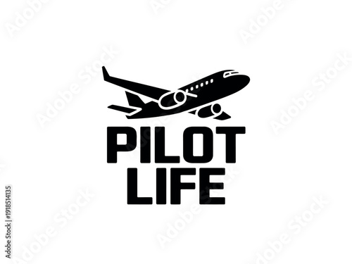 A sleek black silhouette of a jet airplane flies above the bold text reading pilot life on a clean white surface.