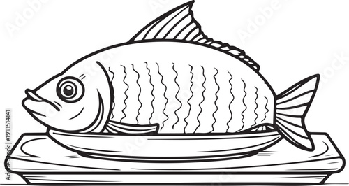 Cooked Fish Dish Hand-drawn Sketch Drawing Vector Illustration, Line Linear Symbol Black and White Engraving, Isolated