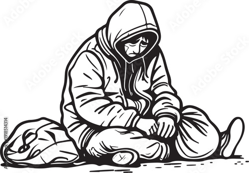 Homeless Person Hand-drawn Sketch Drawing Vector Illustration, Line Linear Symbol Black and White Engraving, Isolated