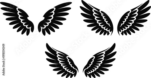 Black angel wings silhouettes set, symmetrical flying wing vector illustration isolated on white background design collection