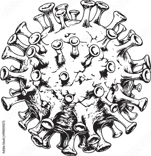Virus Cell Hand-drawn Sketch Drawing Vector Illustration, Line Linear Symbol Black and White Engraving, Isolated