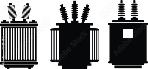 Electrical transformer silhouettes set, high voltage power equipment isolated on white background vector illustration collection