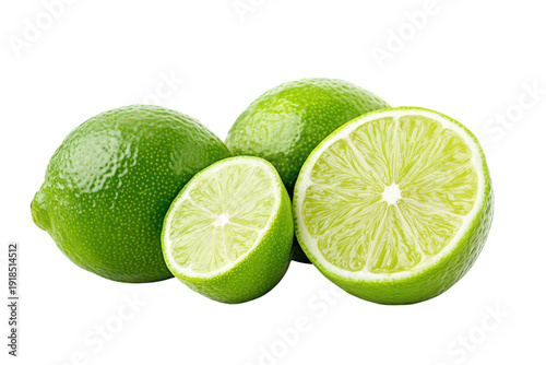 Two Whole Fresh Green Limes and One Sliced Showing Juicy Interior on Black Background citrus fruit, Isolated On Png Transparent Background