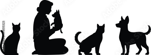 Woman with dog and cat silhouettes, pet care companionship isolated on white background vector illustration set