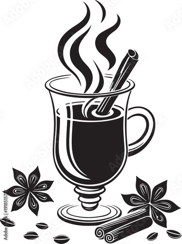 Hot Mulled Wine Glass Cup with Star Anise and Cinnamon Hand-drawn Sketch Drawing Vector Illustration, Line Linear Symbol Black and White Engraving, Isolated
