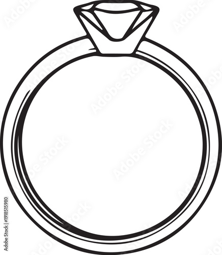 Diamond Gem Engagement Ring Hand-drawn Sketch Drawing Vector Illustration, Line Linear Symbol Black and White Engraving, Isolated