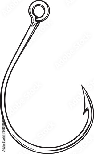 Fish Hook Hand-drawn Sketch Drawing Vector Illustration, Line Linear Symbol Black and White Engraving, Isolated
