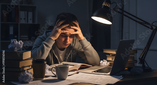Acute stress disorder and emotional breakdown caused by overwhelming academic study or professional work pressure with intense mental burnout fatigue and psychological exhaustion from overload