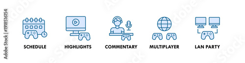 Esports banner web icon illustration concept with icon of schedule, highlights, commentary, multiplayer, lan party
