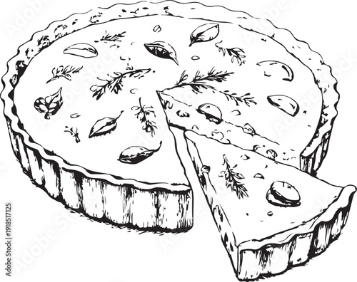 Quiche with Slice Hand-drawn Sketch Drawing Vector Illustration, Line Linear Symbol Black and White Engraving, Isolated