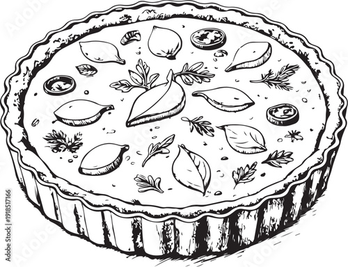 Quiche Hand-drawn Sketch Drawing Vector Illustration, Line Linear Symbol Black and White Engraving, Isolated