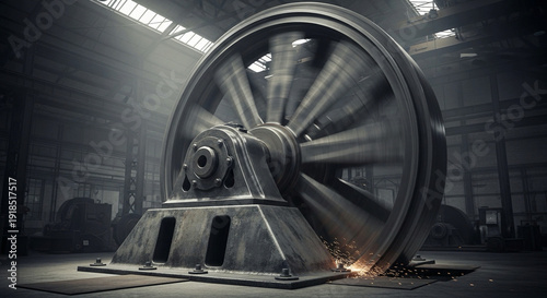 Large industrial flywheel in a dark warehouse with sparks heavy machinery and equipment for manufacturing or construction