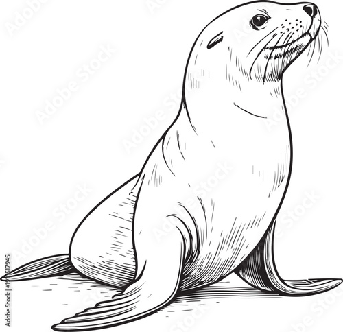 Seal Animal Hand-drawn Sketch Drawing Vector Illustration, Line Linear Symbol Black and White Engraving, Isolated