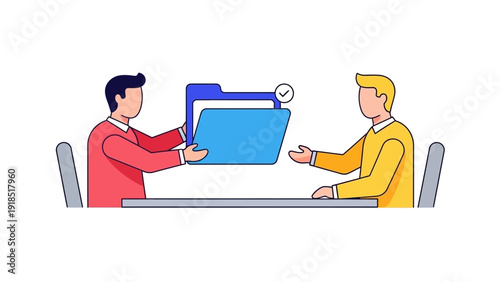 Business File Submission and Approval. Handing over confidential documents or data transfer. Flat vector illustration.