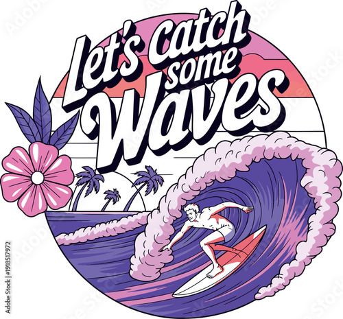 Let's catch some waves surfer on ocean beach with sunset background