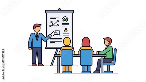 Team Training and Business Workshop Icon. Presenter Explaining Data Graphs on Flipchart during Corporate Meeting