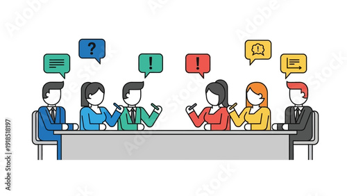 Business Meeting Discussion Vector Illustration. Team collaboration, brainstorming, and debate with question, idea, and analysis speech bubbles.