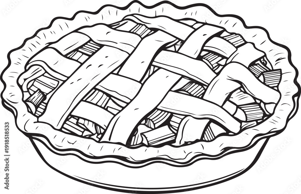 Fototapeta premium Strawberry rhubarb pie Hand-drawn Sketch Drawing Vector Illustration, Line Linear Symbol Black and White Engraving, Isolated