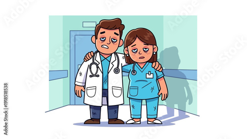 Healthcare Burnout Crisis: Exhausted Doctor and Nurse Supporting Each Other in Hospital Hallway. Overworked Medical Staff Vector Illustration.