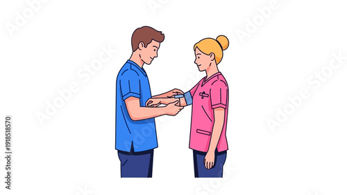 Healthcare Professionals Preparing Arm for Blood Draw or Injection. Medical Staff Applying Tourniquet Cuff. Cartoon Vector Illustration.