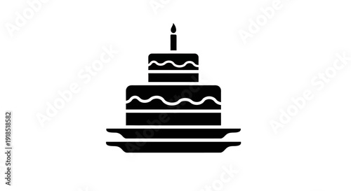 A classic tiered birthday cake with a single lit candle, presented on a plate, rendered as a minimalist black silhouette, perfect for celebratory designs and party themes