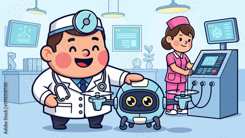 Cute Cartoon Doctor and Nurse with AI Robot Assistant in a Futuristic Hospital Setting. Medical Automation and Technology Concept Illustration.