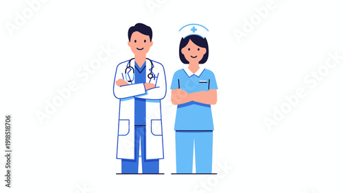 Professional Healthcare Team Illustration. Confident Male Doctor and Female Nurse Standing Together. Medical Staff Character Vector on White Background.