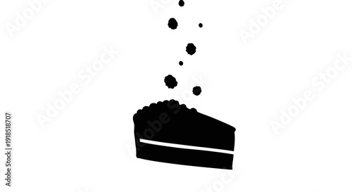 Minimalist black silhouette of a cake slice with falling sprinkles. Isolated graphic for dessert menus, bakery branding, sweet treat advertising, celebration themes, and confectionery branding