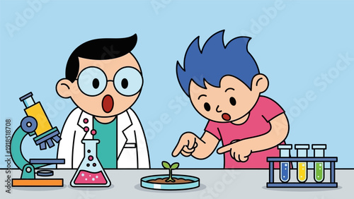 Cartoon Scientists Discover Plant Growth in Lab. Biology Education and Scientific Experiment Vector Illustration.