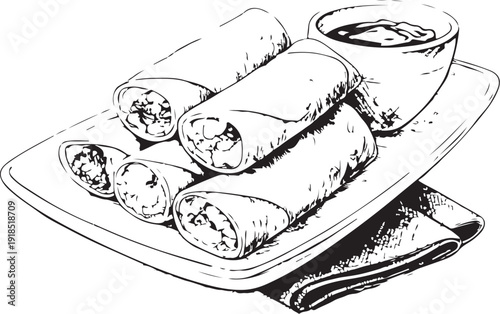 Tempura Spring Rolls Hand-drawn Sketch Drawing Vector Illustration, Line Linear Symbol Black and White Engraving, Isolated