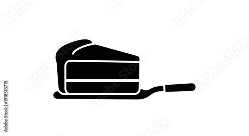 Elegant monochrome silhouette icon of a delicious cake slice on a serving spatula, perfect for dessert menus, bakeries, or celebratory events in a minimalist graphic style