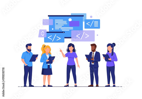Diverse Team of Software Developers Collaborating on a New Project in a Modern Digital Environment - Vector Illustration