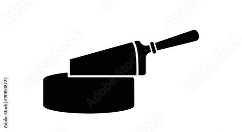 Minimalist black silhouette icon of a cake or cheese server cutting a portion from a round dessert, symbolizing sharing and culinary preparation for events