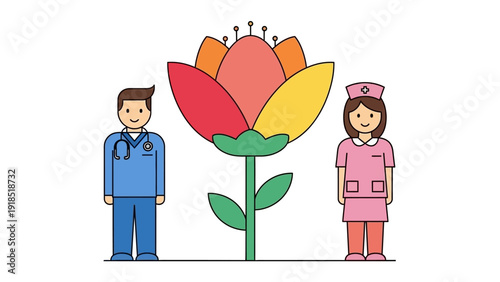 Healthcare Team Illustration: Doctor and Nurse with a Vibrant Flower Symbolizing Wellness, Care, and Medical Appreciation on White Background.