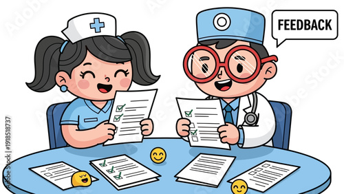 Happy Doctor and Nurse Reviewing Positive Medical Feedback Checklist. Patient Satisfaction Survey Results and Quality Evaluation.