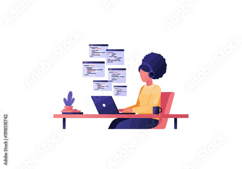 Female developer working on laptop, programming code at a modern desk, surrounded by digital windows, illustrating software development.