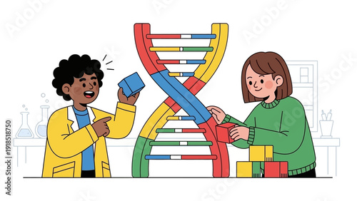 Diverse Students Teamwork Building Colorful DNA Model. Genetics Research and Science Education Illustration